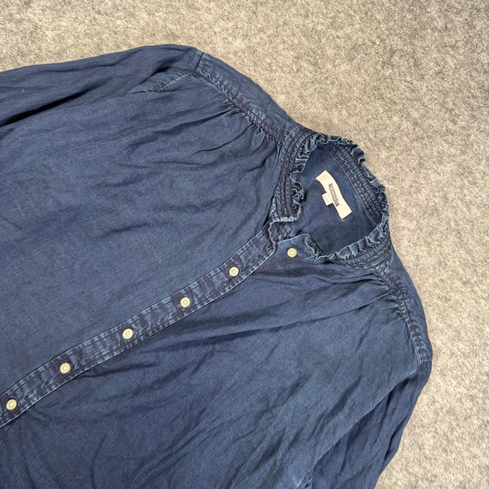Loft Womens Medium Blue Lyocell Ruffle Neck Button Down Long Sleeve Blouse 1143